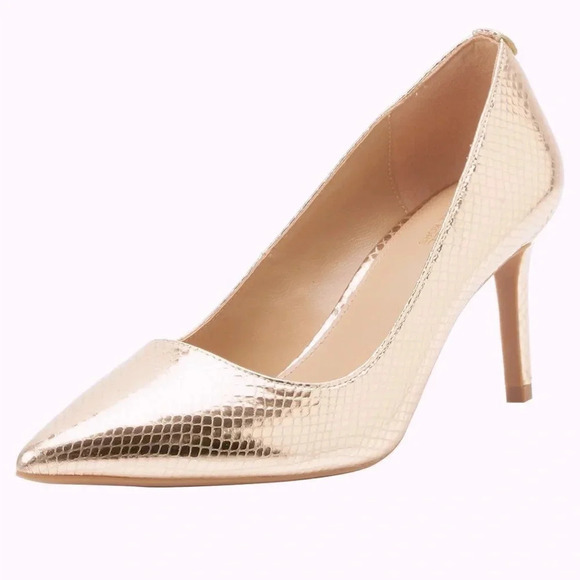 Michael Kors Alina Flex Pump Heels Pale Gold NIB Size 8 Reptile Print Leather - Picture 1 of 6